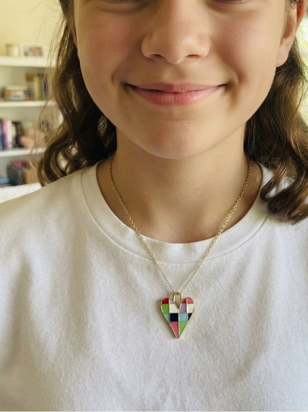 Fashion Colorful Heart Pendant Necklace with a gold tone chain